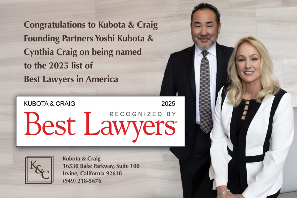 Kubota & Craig Personal Injury Attorneys in Irvine CA have been named to the prestigious 2025 list of Best Lawyers in America