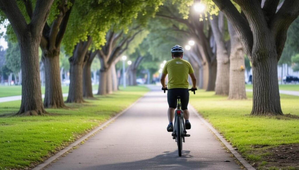 A cyclist riding safely in an Irvine bike lane, paired with an attorney from Kubota & Craig reviewing bicycle accident laws and rights.