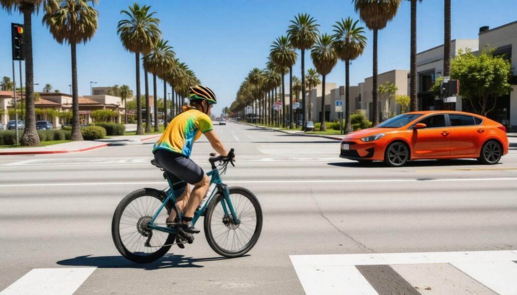 view of busy Irvine intersection highlighting bicycle lanes, traffic patterns, and potential accident hotspots for cyclist safety awareness