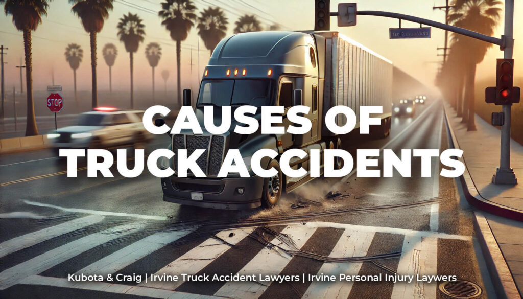 image of a commercial truck on a Southern California highway, highlighting potential causes of accidents like driver fatigue, poor maintenance, and overloaded cargo, with palm trees and road markings in the background.