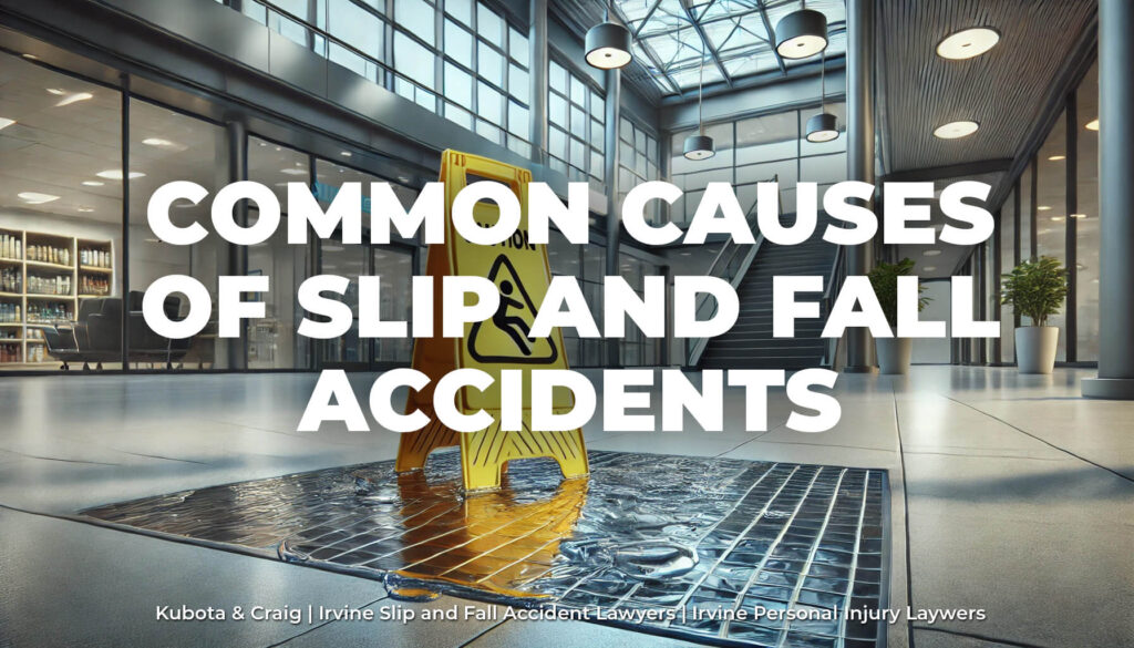 Illustration of slip and fall hazards such as wet floors, uneven surfaces, and poor lighting in public and private spaces