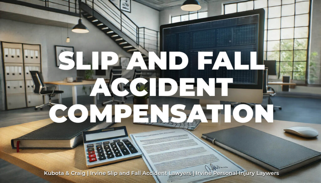 Illustration of slip and fall compensation categories, including medical expenses, lost wages, pain and suffering, and emotional distress